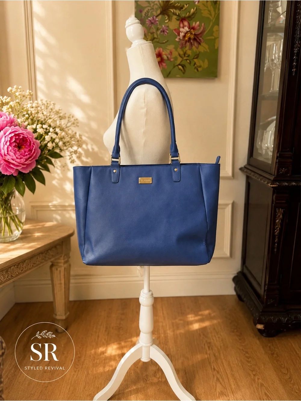 St. John XL Blue Saffiano Leather Work Tote Shopper Bag Gold Logo